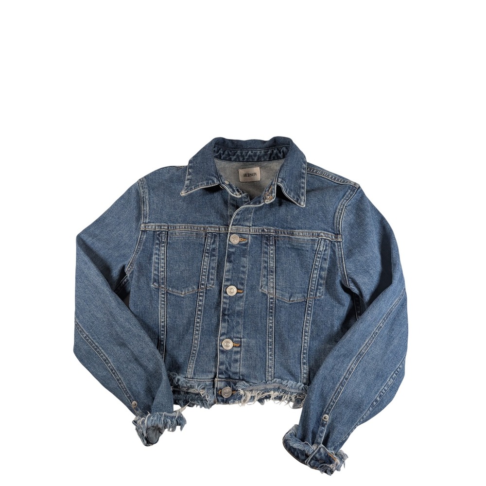 Hudson Jeans Womens Cropped Denim Jacket Medium Wash Frayed Hem Blue XS - Picture 2 of 9